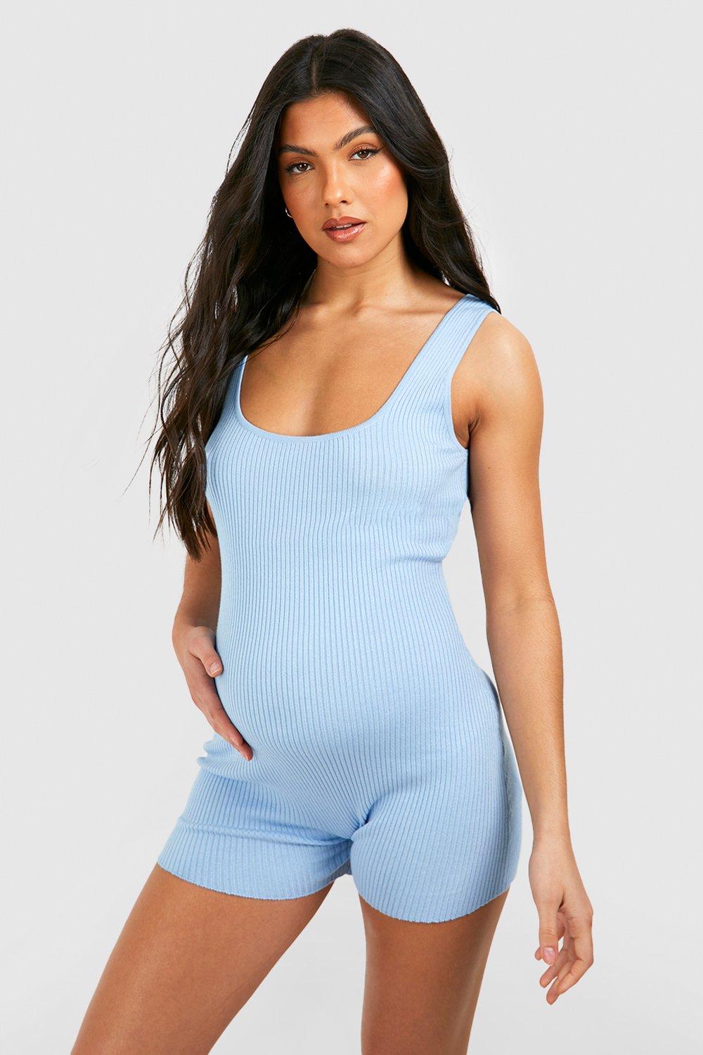 Womens Maternity Scoop Neck Rib Knit Unitard - Blue - 16, Blue